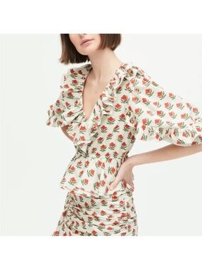 RHODE Cream Ruffle Peplum Top with Red Rose Print